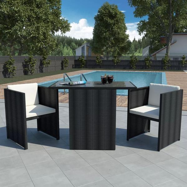 ARDEBO.de - 3-tlg. Bistro-Set mit Auflagen Poly Rattan Schwarz