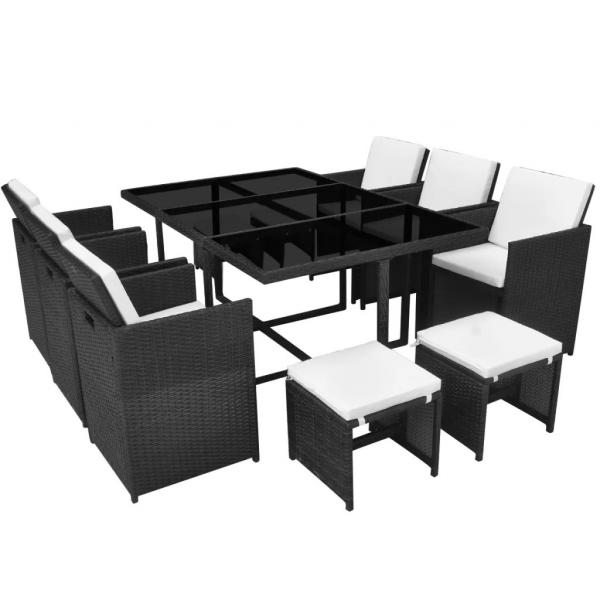 ARDEBO.de - 11-tlg. Garten-Essgruppe mit Auflagen Poly Rattan Schwarz