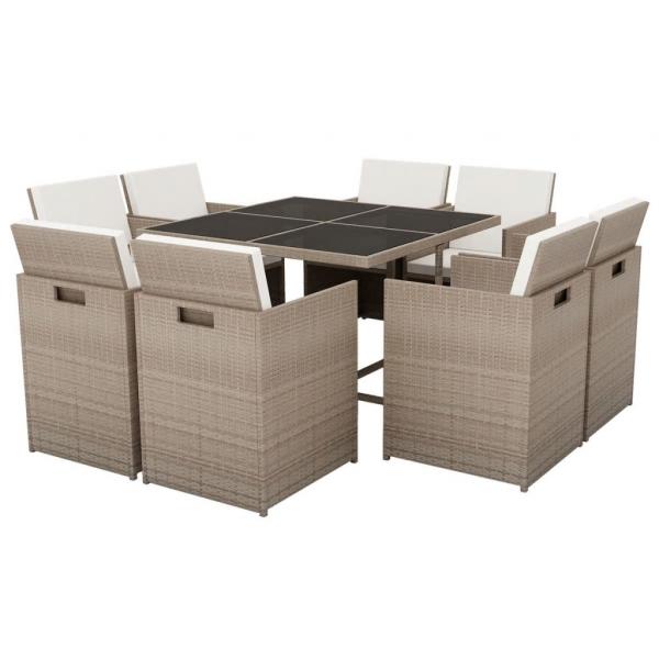 ARDEBO.de - 9-tlg. Garten-Essgruppe mit Auflagen Poly Rattan Beige