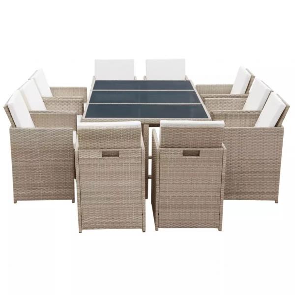 11-tlg. Garten-Essgruppe mit Auflagen Poly Rattan Beige