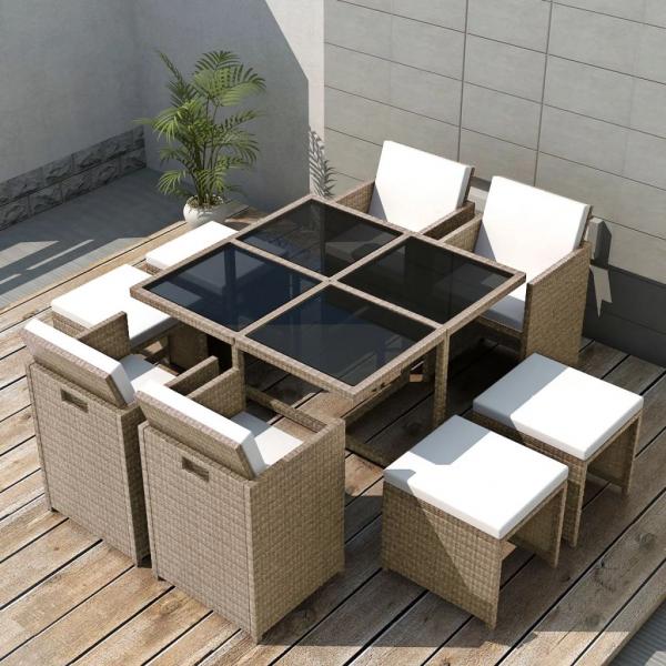 ARDEBO.de - 9-tlg. Garten-Essgruppe mit Auflagen Poly Rattan Beige