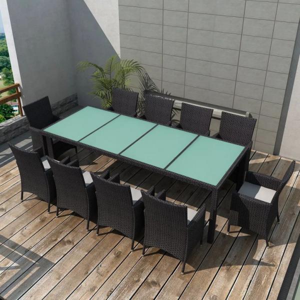 ARDEBO.de - 11-tlg. Garten-Essgruppe mit Auflagen Poly Rattan Schwarz