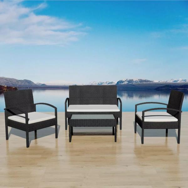 ARDEBO.de - 4-tlg. Garten-Lounge-Set mit Auflagen Poly Rattan Schwarz