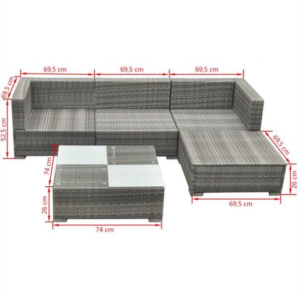 5-tlg. Garten-Lounge-Set mit Auflagen Poly Rattan Grau