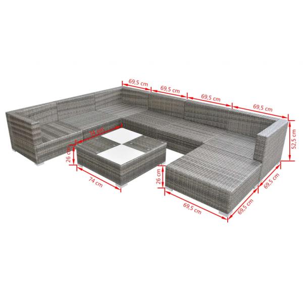 8-tlg. Garten-Lounge-Set mit Auflagen Poly Rattan Grau