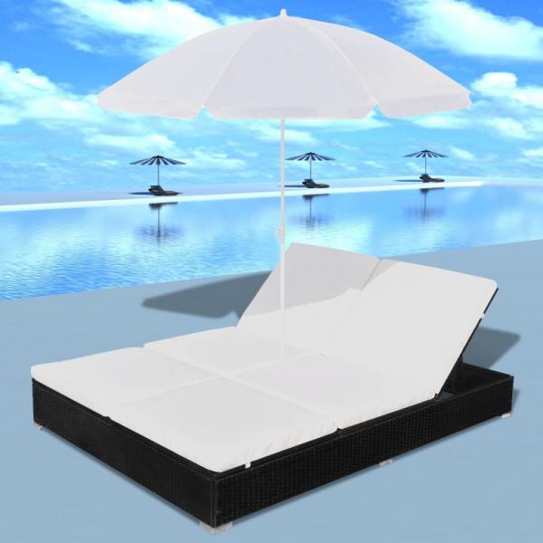 Outdoor-Loungebett mit Sonnenschirm Poly Rattan Schwarz