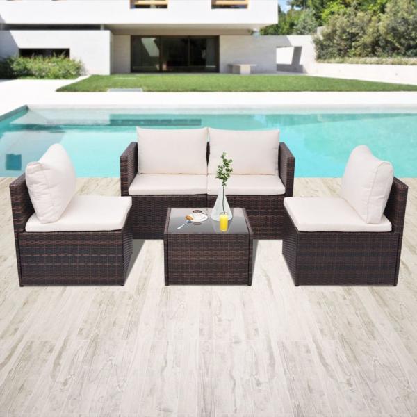 ARDEBO.de - 5-tlg. Garten-Lounge-Set mit Auflagen Poly Rattan Braun