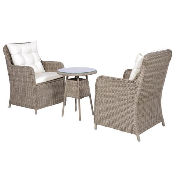 3-tlg. Bistro-Set mit Auflagen und Kissen Poly Rattan Braun