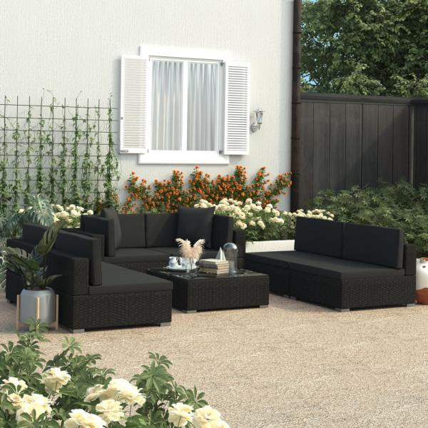 ARDEBO.de - 7-tlg. Garten-Lounge-Set Schwarz mit Auflagen Poly Rattan