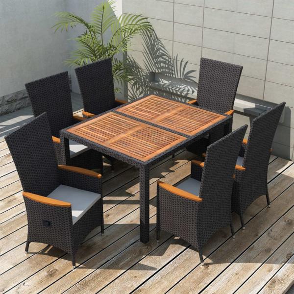 ARDEBO.de - 7-tlg. Garten-Essgruppe Poly Rattan Akazienholz Schwarz