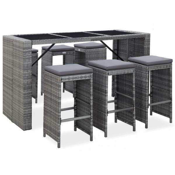 ARDEBO.de - 7-tlg. Gartenbar-Set mit Auflagen Poly Rattan Grau