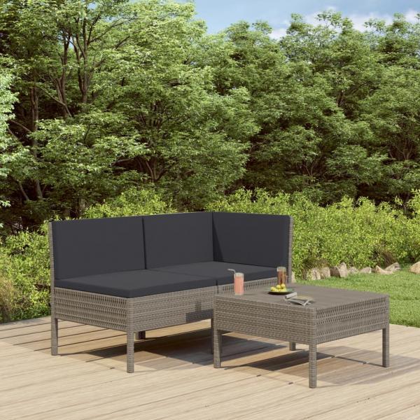 ARDEBO.de - 3-tlg. Garten-Lounge-Set mit Auflagen Poly Rattan Grau