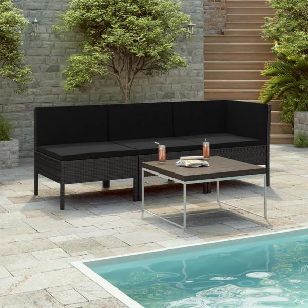 ARDEBO.de - 3-tlg. Garten-Lounge-Set mit Auflagen Poly Rattan Schwarz