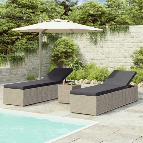 ARDEBO.de - 3-tlg. Garten-Sonnenliegen mit Teetisch Poly Rattan Grau