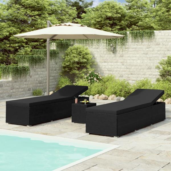 ARDEBO.de - 3-tlg. Garten-Sonnenliegen mit Teetisch Poly Rattan Schwarz