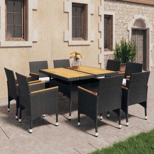 ARDEBO.de - 9-tlg. Garten-Essgruppe Poly Rattan und Akazienholz Schwarz 