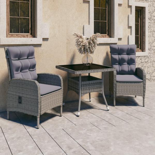 ARDEBO.de - 3-tlg. Garten-Essgruppe Poly Rattan und Glas Grau