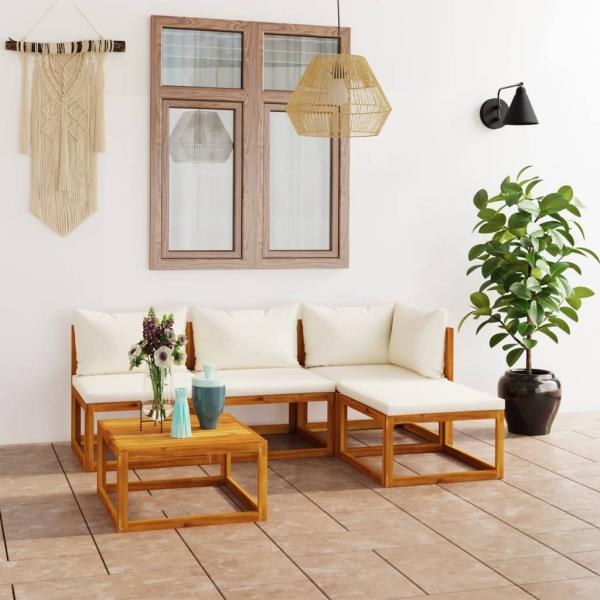 ARDEBO.de - 5-tlg. Garten-Lounge-Set mit Auflagen Creme Massivholz Akazie