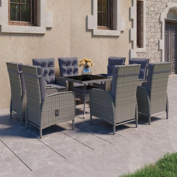 ARDEBO.de - 9-tlg. Garten-Essgruppe Poly Rattan und Glas Grau