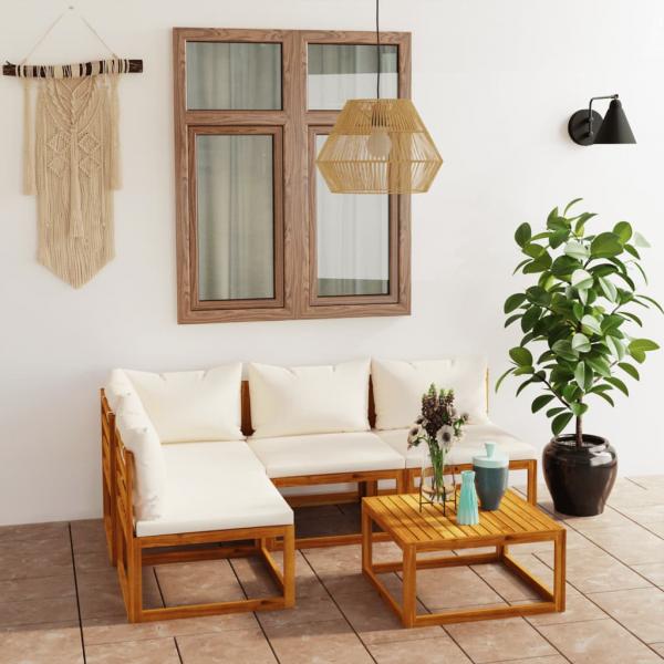 ARDEBO.de - 5-tlg. Garten-Lounge-Set mit Auflagen Creme Massivholz Akazie