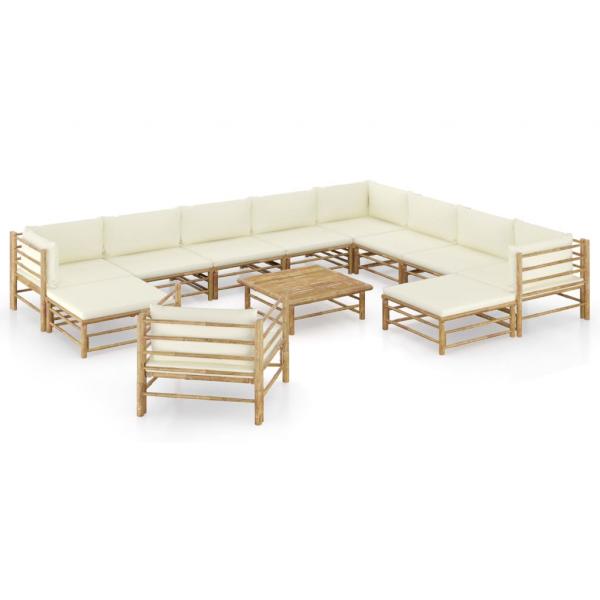 ARDEBO.de - 12-tlg. Garten-Lounge-Set mit Cremeweißen Kissen Bambus