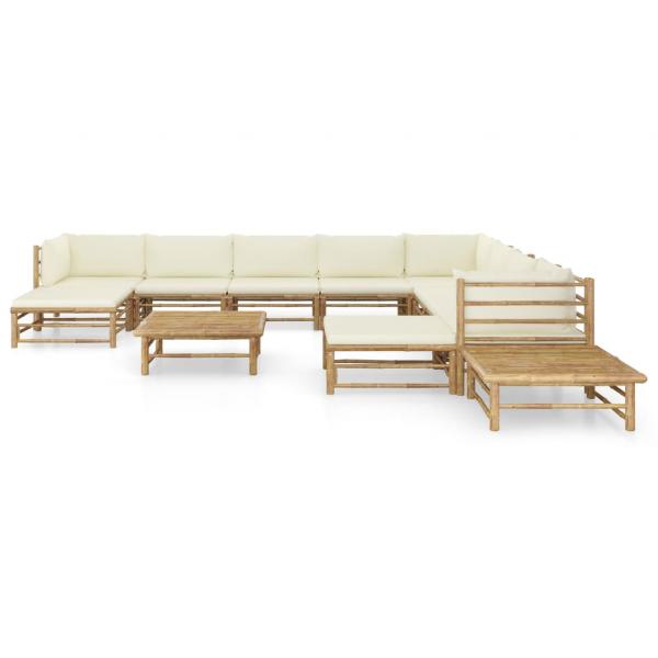 12-tlg. Garten-Lounge-Set mit Cremeweißen Kissen Bambus 