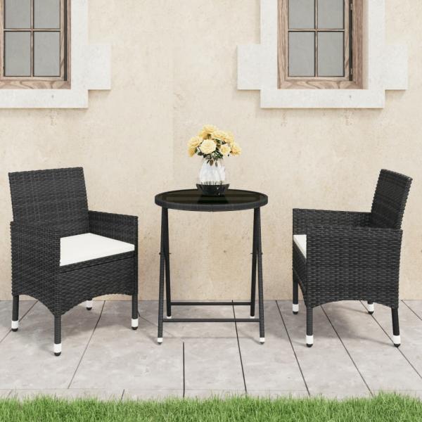 ARDEBO.de - 3-tlg. Bistro-Set Poly Rattan und Hartglas Schwarz