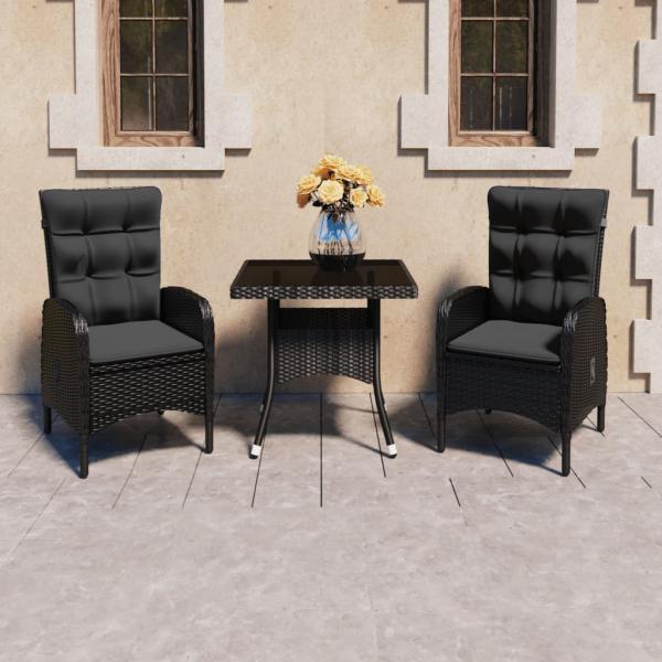 ARDEBO.de - 3-tlg. Garten-Essgruppe Poly Rattan und Glas Schwarz