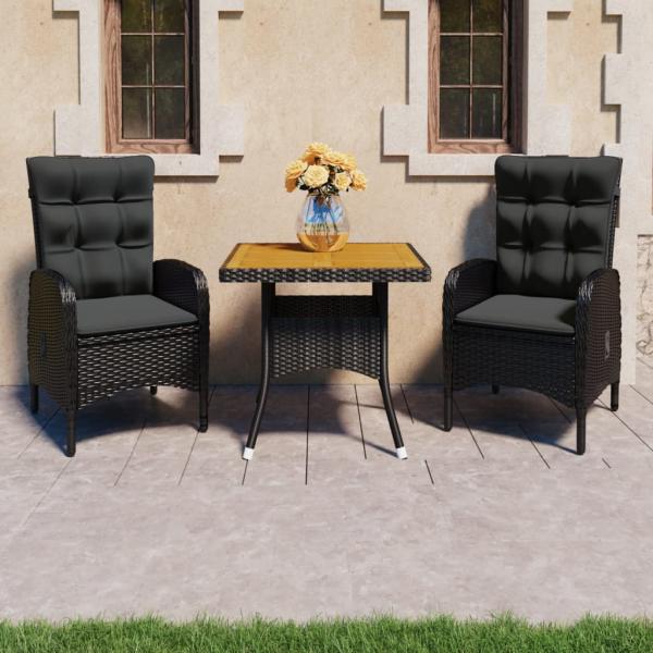 ARDEBO.de - 3-tlg. Garten-Essgruppe Poly Rattan und Akazienholz Schwarz