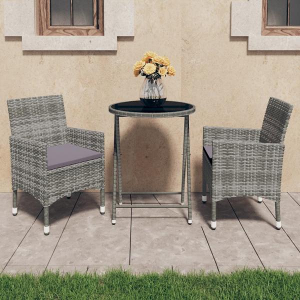 ARDEBO.de - 3-tlg. Bistro-Set Poly Rattan und Hartglas Grau