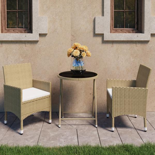 ARDEBO.de - 3-tlg. Bistro-Set Poly Rattan und Hartglas Beige