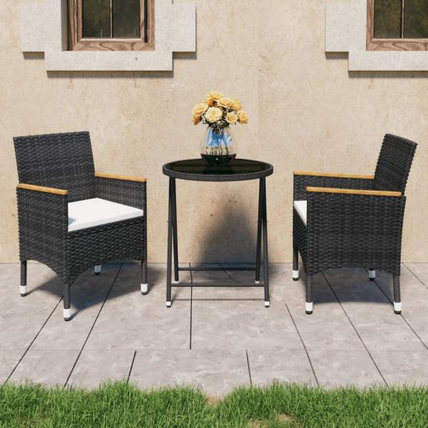 ARDEBO.de - 3-tlg. Bistro-Set Poly Rattan und Hartglas Schwarz