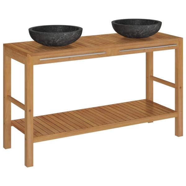 Waschtisch Massivholz Teak mit Waschbecken Marmor Schwarz