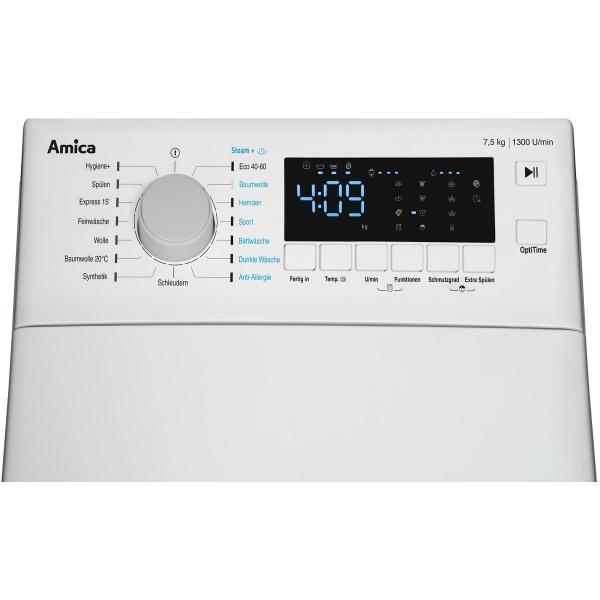 Amica WT 473 710 7,5kg Toplader Waschmaschine, 40 cm breit, 1300U/min, SteamTouch, Restzeitanzeige, Schaumerkennung, weiß