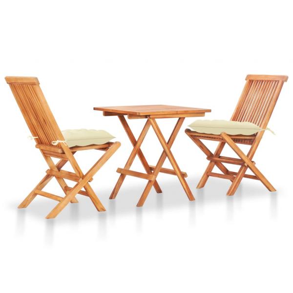 ARDEBO.de - 3-tlg. Bistro-Set mit Cremeweißen Kissen Massivholz Teak