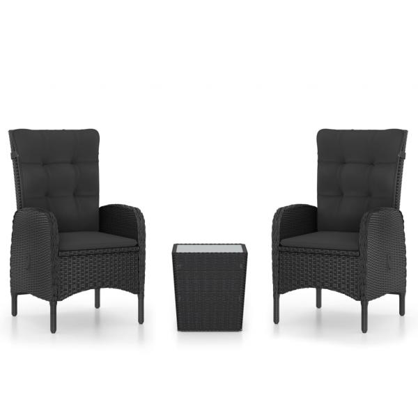 3-tlg. Bistro-Set Poly Rattan und Glas Schwarz