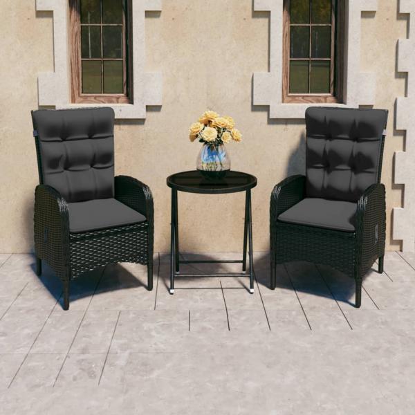 ARDEBO.de - 3-tlg. Bistro-Set Poly Rattan und Glas Schwarz