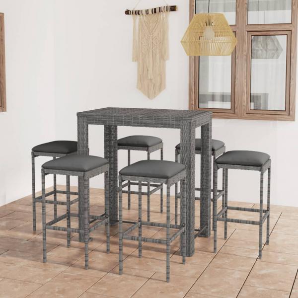 ARDEBO.de - 7-tlg. Gartenbar-Set mit Kissen Poly Rattan Grau