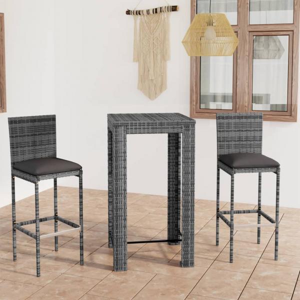 ARDEBO.de - 3-tlg. Gartenbar-Set mit Kissen Poly Rattan Grau