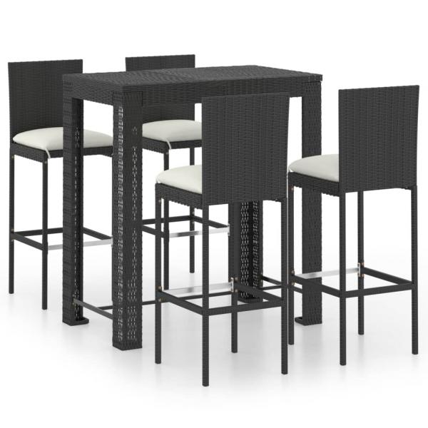 5-tlg. Gartenbar-Set mit Kissen Poly Rattan Schwarz