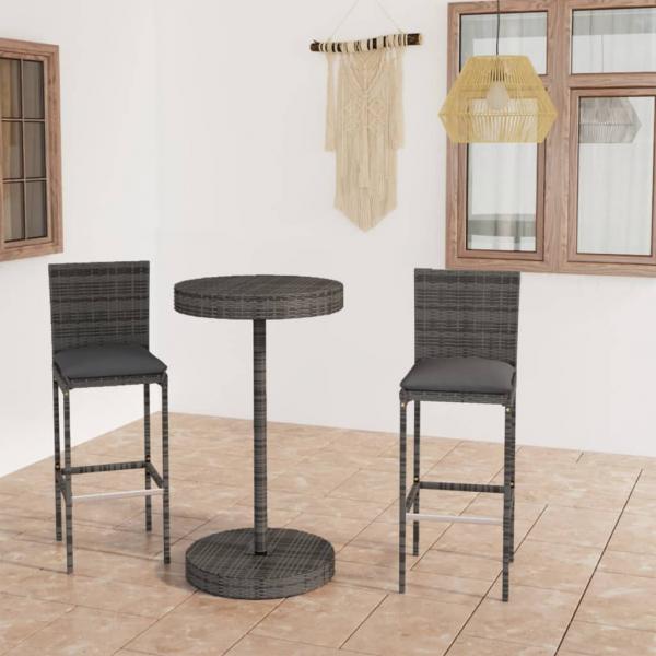 ARDEBO.de - 3-tlg. Gartenbar-Set mit Kissen Poly Rattan Grau