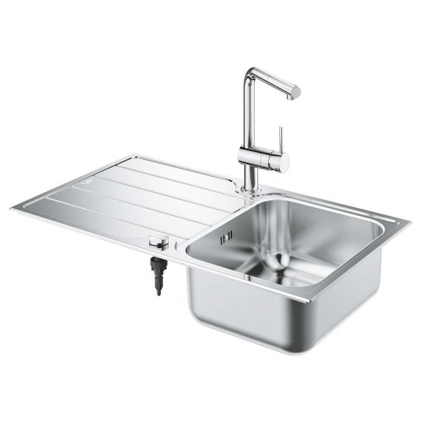 GROHE Minta Set aus Spüle und Küchenarmatur, hoher Auslauf, Einlochmontage, reversibel, Edelstahl (31573SD1)