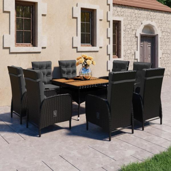 ARDEBO.de - 9-tlg. Garten-Essgruppe Poly Rattan und Akazienholz Schwarz