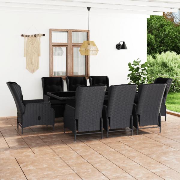 ARDEBO.de - 9-tlg. Garten-Essgruppe mit Auflagen Poly Rattan Dunkelgrau