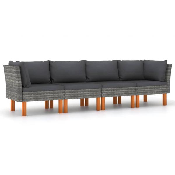 4-Sitzer-Gartensofa mit Kissen Grau Poly Rattan