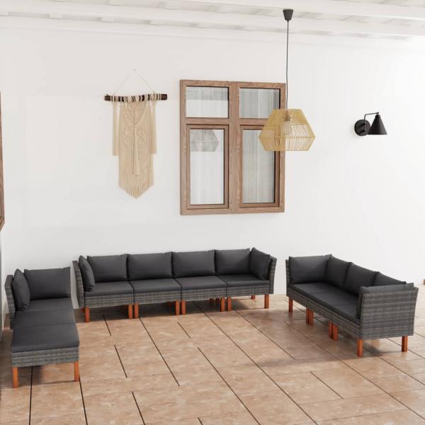 ARDEBO.de - 10-tlg. Garten-Lounge-Set mit Kissen Poly Rattan Grau