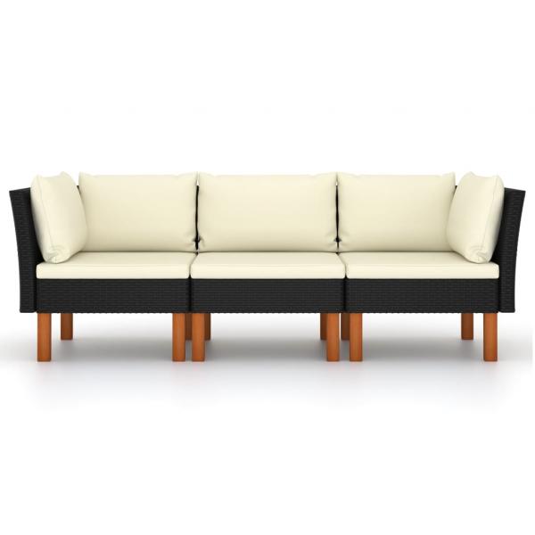 3-Sitzer-Gartensofa mit Kissen Schwarz Poly Rattan