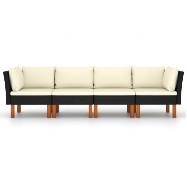 4-Sitzer-Gartensofa mit Kissen Schwarz Poly Rattan