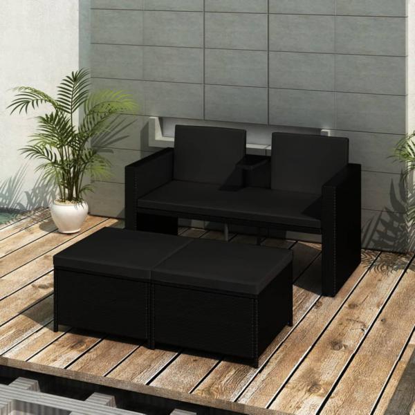 ARDEBO.de - 3-tlg. Garten-Lounge-Set mit Auflagen Poly Rattan Schwarz