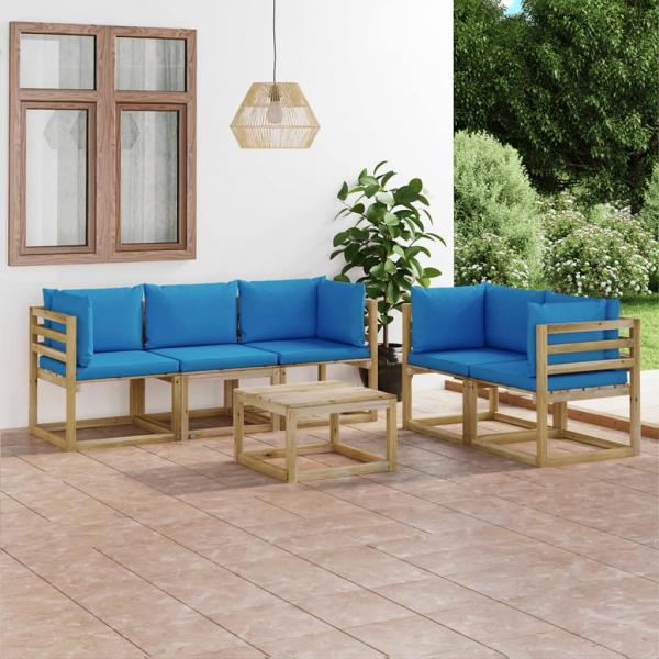 ARDEBO.de - 6-tlg. Garten-Lounge-Set mit Hellblauen Kissen